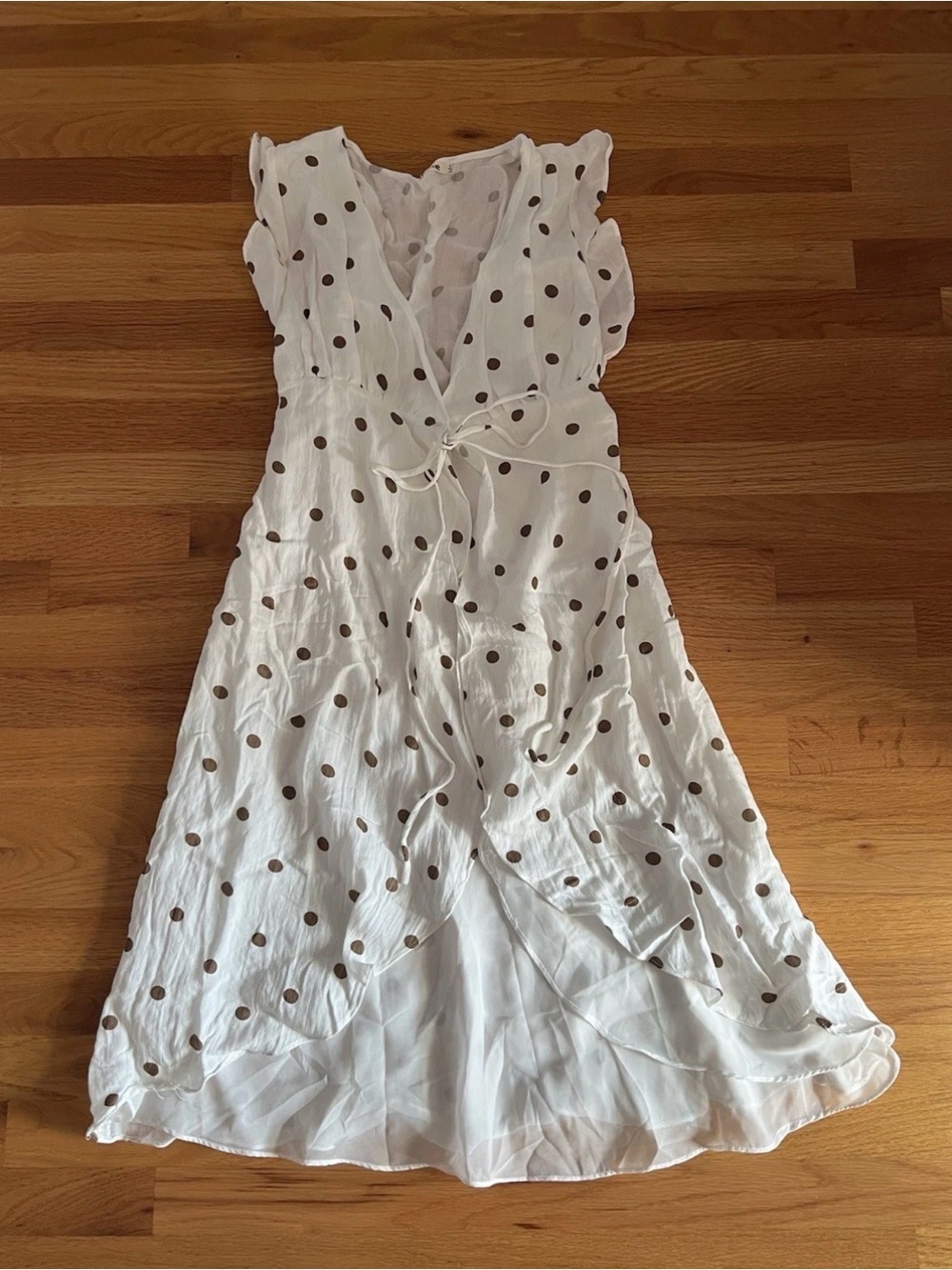 Essue Women’s White Polka Dot Wrap Midi Dress Ruffle Sleeve - Size Small
